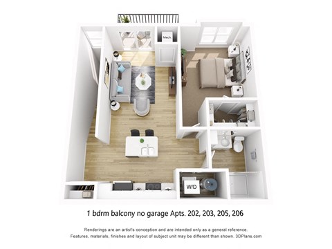 One Bedroom 1 bath Upper Balcony Floor Plan at The Daniels at Northern Gateway Apartments, Saukville